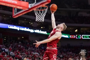 Nebraska Cornhusker forward Rienk Mast (51) makes a lay up in the first half against the Minnesota Golden Gophers during a college basketball game Sunday, February 25, 2024, in Lincoln, Neb. Photo by John S. Peterson.