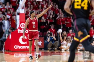 Nebraska Cornhusker guard Jamarques Lawrence (10) celebrates a basket against the Minnesota Golden Gophers in the second half during a college basketball game Sunday, February 25, 2024, in Lincoln, Neb. Photo by John S. Peterson.