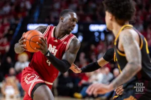 Nebraska Cornhusker forward Juwan Gary (4) drives towards the basket against Minnesota Golden Gophers in the second half during a college basketball game Sunday, February 25, 2024, in Lincoln, Neb. Photo by John S. Peterson.