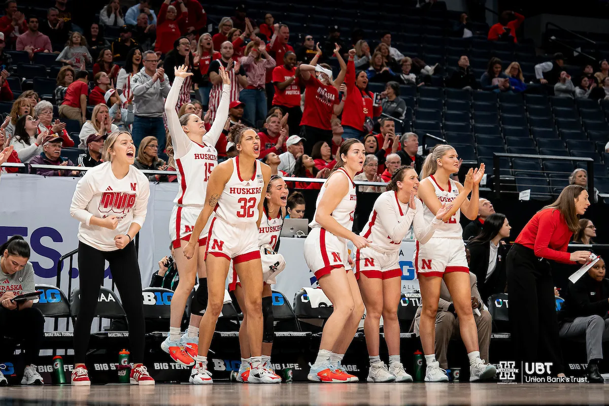 Nebraska Cornhuskers bench reacts during a game against the Purdue Boilermakers at the Target Center in Minneapolis, MN March 7th 2024. Photo by Eric Francis