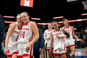 Nebraska Cornhuskers leave the courts during a game against the Purdue Boilermakers at the Target Center in Minneapolis, MN March 7th 2024. Photo by Eric Francis