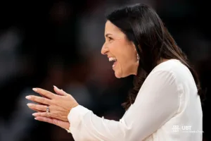 Nebraska Cornhuskers head coach Amy Williams during a game against against the Michigan State Spartans at the Target Center in Minneapolis, MN March 8th 2024. Photo by Eric Francis