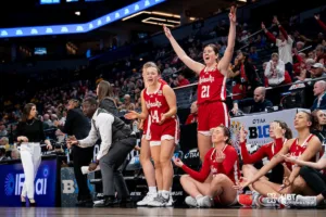 Nebraska Cornhuskers reacts to a play during a game against against the Michigan State Spartans at the Target Center in Minneapolis, MN March 8th 2024. Photo by Eric Francis