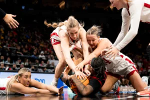 Nebraska Cornhuskers playing tough defense during a game against against the Maryland Terrapins at the Target Center in Minneapolis, MN March 9th 2024. Photo by Eric Francis