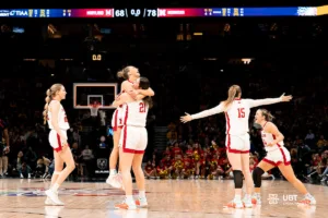 Nebraska Cornhuskers react as the clock hits 0.0 during a game against against the Maryland Terrapins at the Target Center in Minneapolis, MN March 9th 2024. Photo by Eric Francis