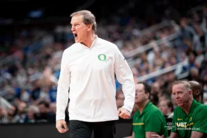 Oregon Ducks head coach Dana Altman reacts to a play during a game against the Oregon Ducks in the second round of the NCAA Championships March 21st 2024 in Pittsburgh, PA. Photo by Eric Francis