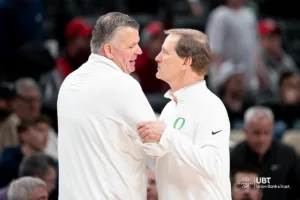 Creighton Bluejays head coach Greg McDermott and Oregon Ducks head coach Dana Altman share a moment  after a game against the Oregon Ducks in the second round of the NCAA Championships March 21st 2024 in Pittsburgh, PA. Photo by Eric Francis