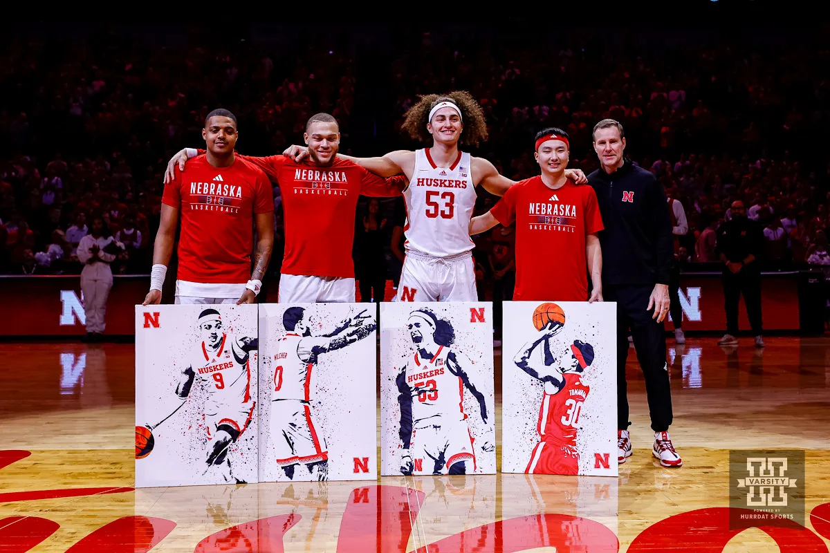 Nebraska Cornhuskers celebrate seniors Jarron Coleman, C.J. Wilcher, Josiah Allick, and Keisei Tominaga before taking on the Rutgers Scarlet Knights during a college basketball game Sunday, March 3, 2024, in Lincoln, Neb. Photo by John S. Peterson.