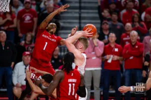 Nebraska Cornhusker forward Rienk Mast (51) drives for a lay up against Rutgers Scarlet Knight guard Jamichael Davis (1) in the first halfduring a college basketball game Sunday, March 3, 2024, in Lincoln, Neb. Photo by John S. Peterson.