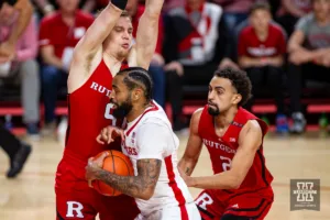 Nebraska Cornhusker guard Brice Williams (3) drives to the basket against Rutgers Scarlet Knight forward Aundre Hyatt (5) in the first half during a college basketball game Sunday, March 3, 2024, in Lincoln, Neb. Photo by John S. Peterson.