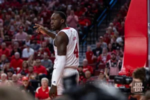 Nebraska Cornhusker forward Juwan Gary (4) reacts to the play on the court against the Rutgers Scarlet Knights during a college basketball game Sunday, March 3, 2024, in Lincoln, Neb. Photo by John S. Peterson.