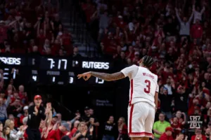 Nebraska Cornhusker guard Brice Williams (3) celebrates making a three point shot against the Rutgers Scarlet Knights in the first half during a college basketball game Sunday, March 3, 2024, in Lincoln, Neb. Photo by John S. Peterson.