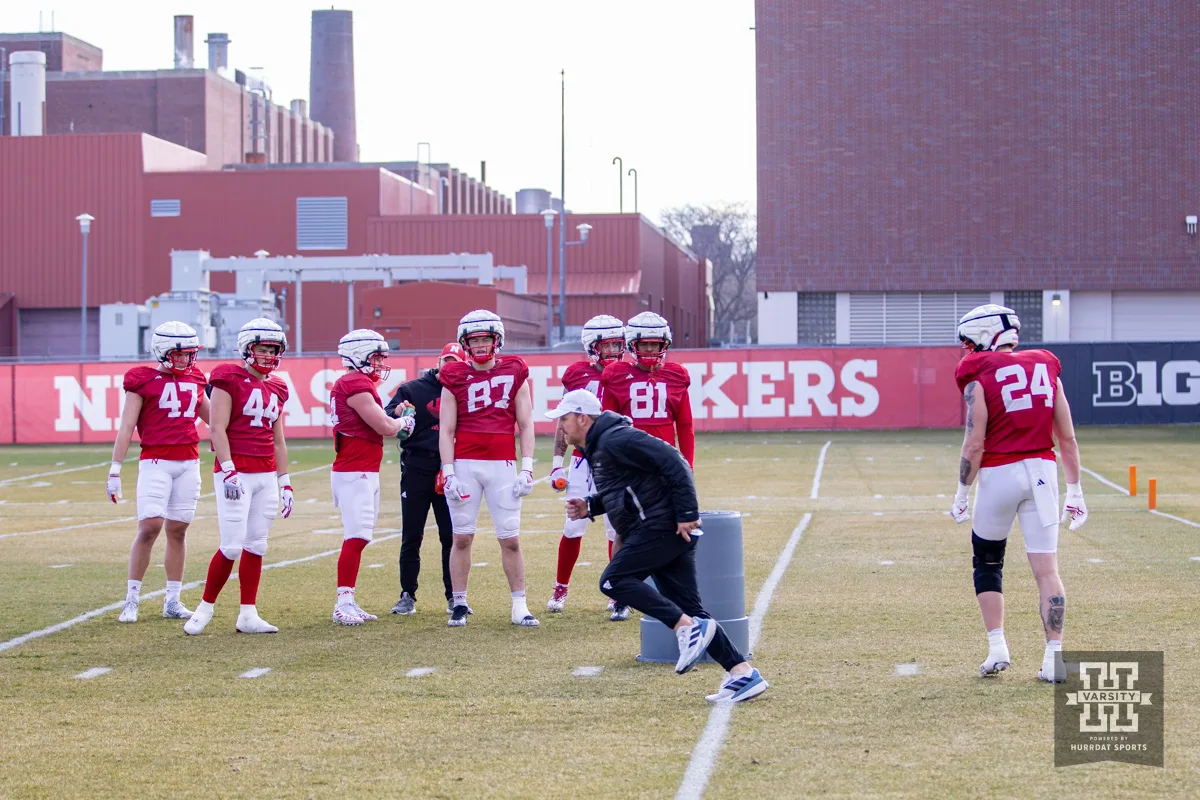 Coach Marcus Satterfield works with the tight ends during football practice Thursday, March 28, 2024, in Lincoln, Neb. Photo by John S. Peterson.