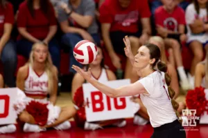 Nebraska Cornhusker Bergen Reilly (2) serves the ball against the Texas A&M CC Islanders during the college volleyball game Friday, August 30, 2024, in Lincoln, Nebraska. Photo John S. Peterson.