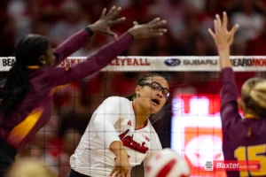 Nebraska Cornhusker Rebekah Allick (5) splikes the ball against the Arizona State Sundevils in the second set during the college volleyball match Friday, September 13, 2024, in Lincoln, Nebraska. Photo John S. Peterson.