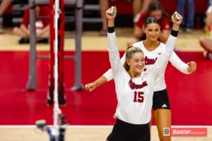 Nebraska Cornhusker Andi Jackson (15) celebrates a block against the Arizona State Sundevils in the third set during the college volleyball match Friday, September 13, 2024, in Lincoln, Nebraska. Photo John S. Peterson.