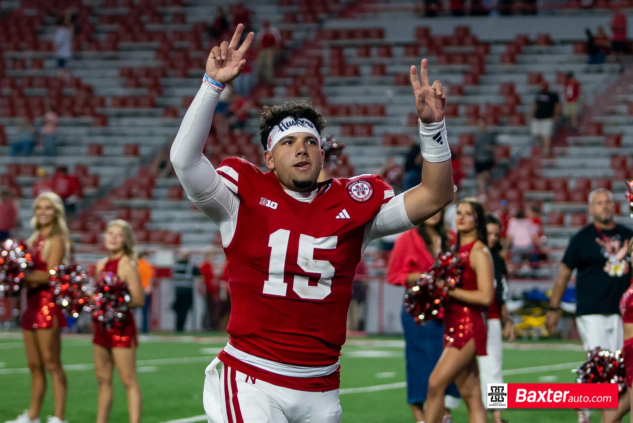 Nebraska Cornhusker quarterback Dylan Raiola (15) waves to the fans after the win over Northern Iowa Panthers during the college football game Saturday, September 14, 2024, in Lincoln, Nebraska. Photo John S. Peterson.