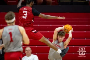 Nebraska Cornhusker Connor Essegian (0) makes a pass against Brice Williams during a scrimmage Sunday, October 13, 2024, in Lincoln, Nebraska. Photo by John S. Peterson.