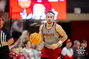 Nebraska Cornhusker Sam Hoiberg dribbles the ball during a scrimmage Sunday, October 13, 2024, in Lincoln, Nebraska. Photo by John S. Peterson.