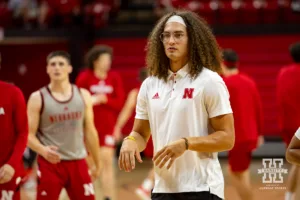 Former player Josiah Allick now graduate manager working with the team warm-up for a scrimmage Sunday, October 13, 2024, in Lincoln, Nebraska. Photo by John S. Peterson.