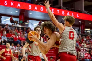 Nebraska Cornhusker Braxton Meah (34) goes up for a lay up against Connor Essegian (0) and Gavin Griffiths during a scrimmage Sunday, October 13, 2024, in Lincoln, Nebraska. Photo by John S. Peterson.