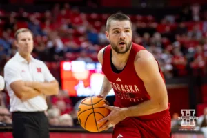 Nebraska Cornhusker Rollie Worster drives to the basket during a scrimmage Sunday, October 13, 2024, in Lincoln, Nebraska. Photo by John S. Peterson.