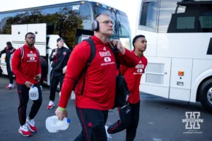 Nebraska Cornhusker defensive lineman Ty Robinson (9) arrives to take on the Ohio State Buckeyes during a college football game Saturday, October 26, 2024, in Columbus, Ohio. Photo by John S. Peterson.