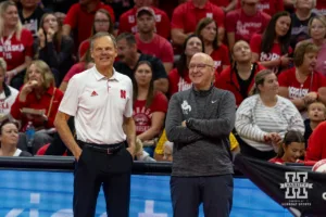 Nebraska Cornhuskers head coach John Cook and Purdue Boilermakers head coach Dave Shondell talk before a college volleyball match Friday, October 11, 2024, in Lincoln, Nebraska. Photo by John S. Peterson.