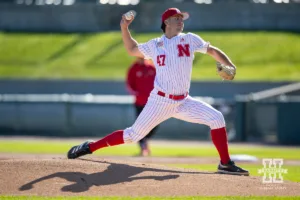 Nebraska's TJ Coats (47) throws a pitch during a baseball scrimmage Tuesday, October 15, 2024, in Lincoln, Nebraska. Photo by John S. Peterson.