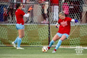 Nebraska Cornhusker goalkeeper Samantha Hauk (91) warms up to take on the Oregon Ducks during a soccer match Thursday, October 17, 2024, in Lincoln, Nebraska. Photo by John S. Peterson.