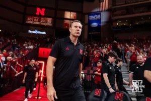 Nebraska Cornhusker head coach Fred Hoiberg walks out to the court before taking on the Grand Valley State Lakers during a college men’s basketball game Thursday, October 27, 2024, in Lincoln, Nebraska. Photo by John S. Peterson.