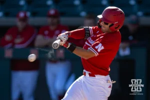 Nebraska's Riley Silva (1) gets a single in the first inning during a baseball scrimmage Tuesday, October 15, 2024, in Lincoln, Nebraska. Photo by John S. Peterson.