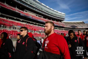 Nebraska Cornhusker defensive lineman Nash Hutmacher (0) heads to the locker room with the team to prepare to take on the Ohio State Buckeyes during a college football game Saturday, October 26, 2024, in Columbus, Ohio. Photo by John S. Peterson.