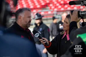 Nebraska Cornhusker head coach Matt Rhule has a quick interview before heading to the locker room during a college football game against the Ohio State BuckeyesSaturday, October 26, 2024, in Columbus, Ohio. Photo by John S. Peterson.