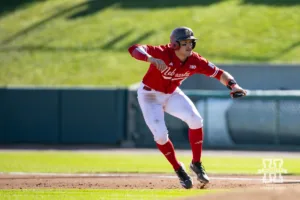 Nebraska's Joshua Overbeek (4) leading off in the second inning during a baseball scrimmage Tuesday, October 15, 2024, in Lincoln, Nebraska. Photo by John S. Peterson.