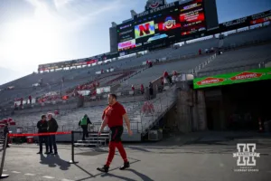 Nebraska Cornhusker offensive lineman Gunnar Gottula (77) heads to the field to wamr-up during a college football game against the Ohio State BuckeyesSaturday, October 26, 2024, in Columbus, Ohio Photo by John S. Peterson.