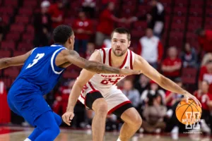 Nebraska Cornhusker Rollie Worster (24) dribbles the ball against Grand Valley State Laker Mason Docks (3) in the first half during a college men’s basketball game Thursday, October 27, 2024, in Lincoln, Nebraska. Photo by John S. Peterson.