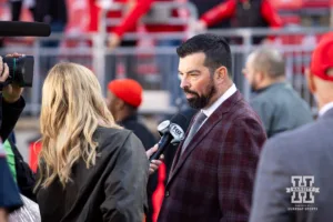 Ohio State Buckeye head coach Ryan Day has a quick interview as he heads to the locker room during a college football game against the Nebraska Cornhuskers Saturday, October 26, 2024, in Columbus, Ohio. Photo by John S. Peterson.