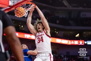 Nebraska Cornhusker Braxton Meah (34) dunks the ball against the Grand Valley State Lakers in the first half during a college men’s basketball game Thursday, October 27, 2024, in Lincoln, Nebraska. Photo by John S. Peterson.