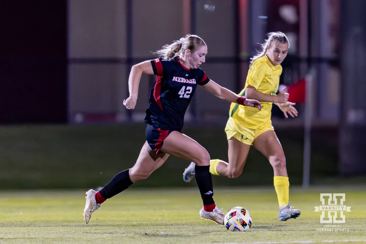 Nebraska Cornhusker forward Sarah Weber (42) on the attack against the Oregon Ducks in the first half during a soccer match Thursday, October 17, 2024, in Lincoln, Nebraska. Photo by John S. Peterson.