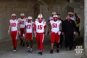 Nebraska Cornhusker quarterback Dylan Raiola (15) heads out to warm-up with some teammates during a college football game Saturday, October 26, 2024, in Columbus, Ohio Photo by John S. Peterson.