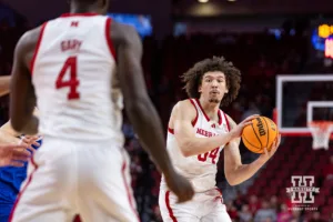 Nebraska Cornhusker Braxton Meah (34) looks to pass to Juwan Gary (4) against the Grand Valley State Lakers during a college men’s basketball game Thursday, October 27, 2024, in Lincoln, Nebraska. Photo by John S. Peterson.