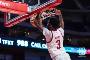 Nebraska Cornhusker Brice Williams (3) dunks the ball against the Grand Valley State Lakers during a college men’s basketball game Thursday, October 27, 2024, in Lincoln, Nebraska. Photo by John S. Peterson.