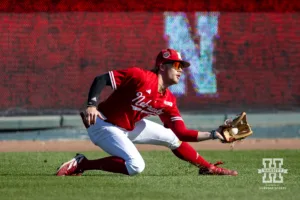 Nebraska's Matt Evans (2) makes a catch for an out in the second inning during a baseball scrimmage Tuesday, October 15, 2024, in Lincoln, Nebraska. Photo by John S. Peterson.