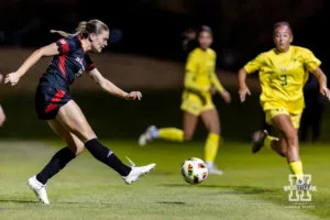 Nebraska Cornhusker Reese Snowden scores a goal in the first half against the Oregon Ducks during a soccer match Thursday, October 17, 2024, in Lincoln, Nebraska. Photo by John S. Peterson.