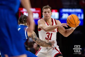 Nebraska Cornhusker Cale Jacobsen (31) drives the lane against Grand Valley State Laker William Dunn (11) in the first half during a college men’s basketball game Thursday, October 27, 2024, in Lincoln, Nebraska. Photo by John S. Peterson.