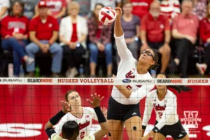 Nebraska Cornhusker Rebekah Allick (5) spikes the ball against the Purdue Boilermakers during a college volleyball match Friday, October 11, 2024, in Lincoln, Nebraska. Photo by John S. Peterson.