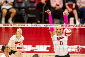 Nebraska Cornhusker Leyla Blackwell (11) blocks the ball against the Rutgers Scarlet Knights during a college volleyball match Saturday, October 12, 2024, in Lincoln, Nebraska. Photo by John S. Peterson.