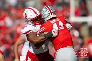 Nebraska Cornhusker linebacker MJ Sherman (48) tackles Ohio State Buckeye wide receiver Brandon Inniss (11) during a college football game Saturday, October 26, 2024, in Lincoln, Nebraska. Photo by John S. Peterson.