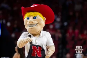 Nebraska Cornhusker mascot Herbie entertains the fans during a college men’s basketball game against the Grand Valley State Lakers Thursday, October 27, 2024, in Lincoln, Nebraska. Photo by John S. Peterson.